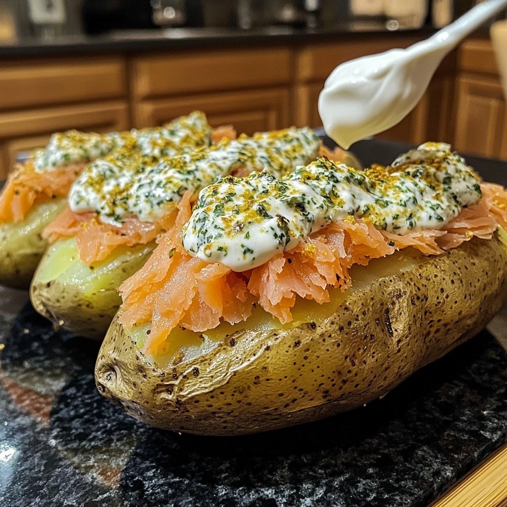 Loaded Baked Potatoes with Herb Cream and Smoked Salmon