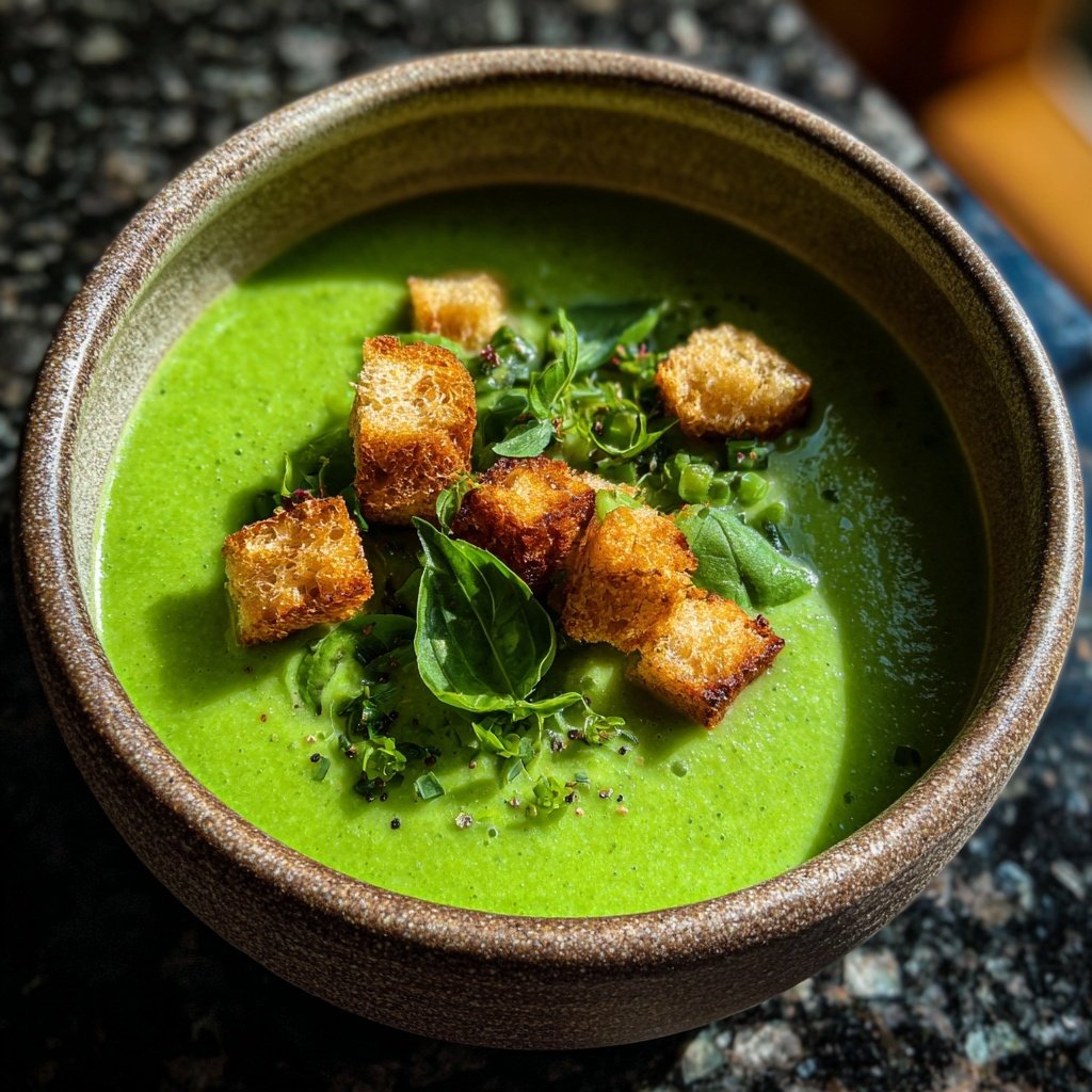 Spring Green Gazpacho with Croutons