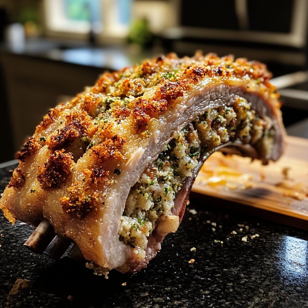Stuffed Rack of Pork with Cider Gravy